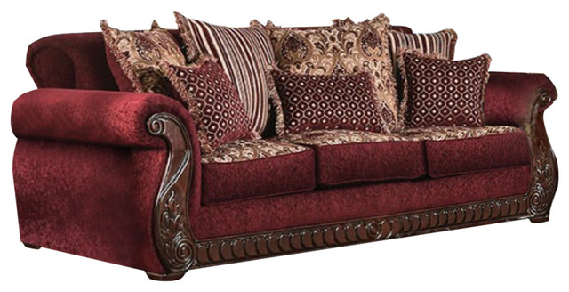 Tabitha Traditional Style Fabric Leatherette Sofa Wine Tabitha Traditional Style Fabric Leatherette Sofa