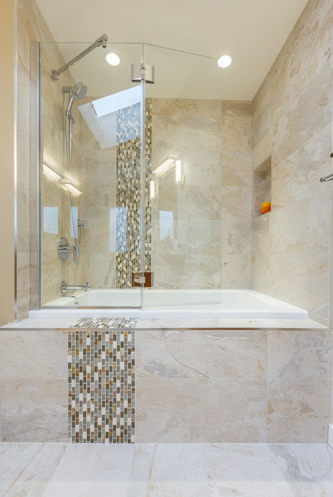 Large contemporary master bathroom in Vancouver with an undermount sink, flat-panel cabinets, medium wood cabinets, engineered quartz benchtops, an alcove tub, a shower/bathtub combo, a two-piece toilet, beige tile, stone tile, yellow walls and travertine floors.