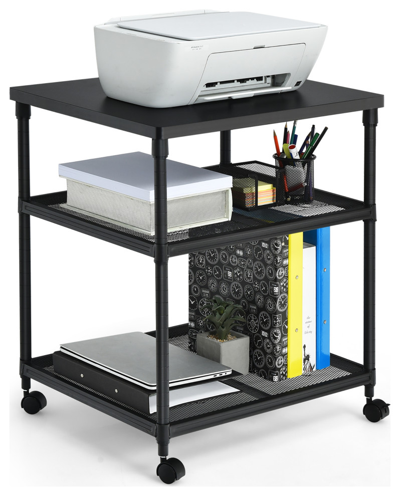 Costway 3-Tier Printer Stand Rolling Fax Cart , Adjustable Shelf & Swivel Wheel