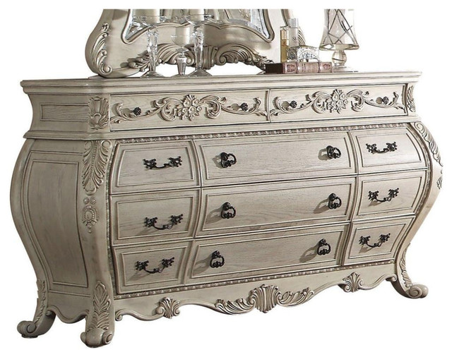 Eleven Drawer Wooden Dresser With Scrolled Feet Antique White