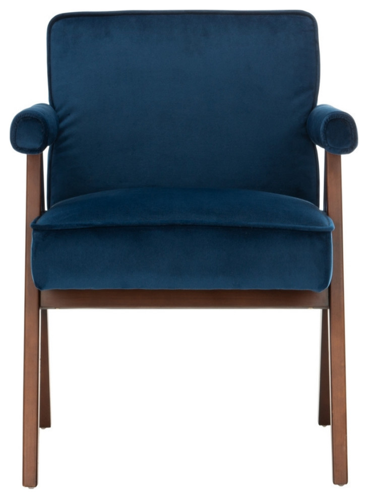Katie Mid Century Arm Chair, Navy/Walnut Modern Armchairs And