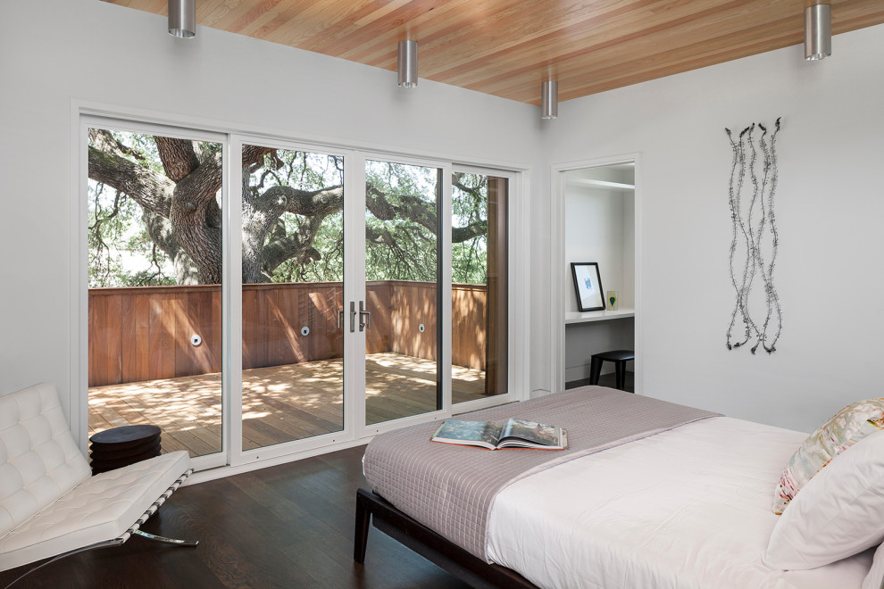 This is an example of a large modern master bedroom in Austin with white walls, medium hardwood floors, brown floor and wood.