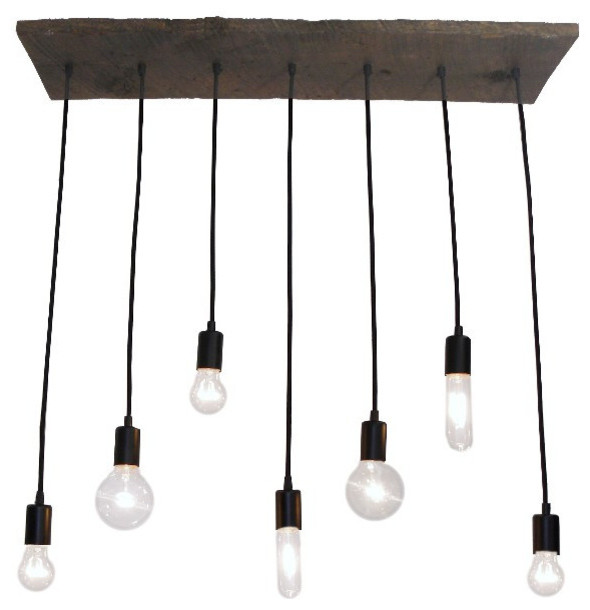 7 Pendant Reclaimed Wood Chandelier, Black, Mixed Clear Bulbs