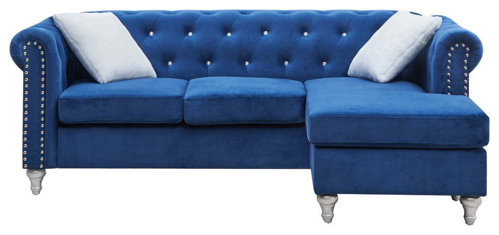 Raisa 82 in. Velvet 3-Seater Sofa With 2-Throw Pillow, Blue