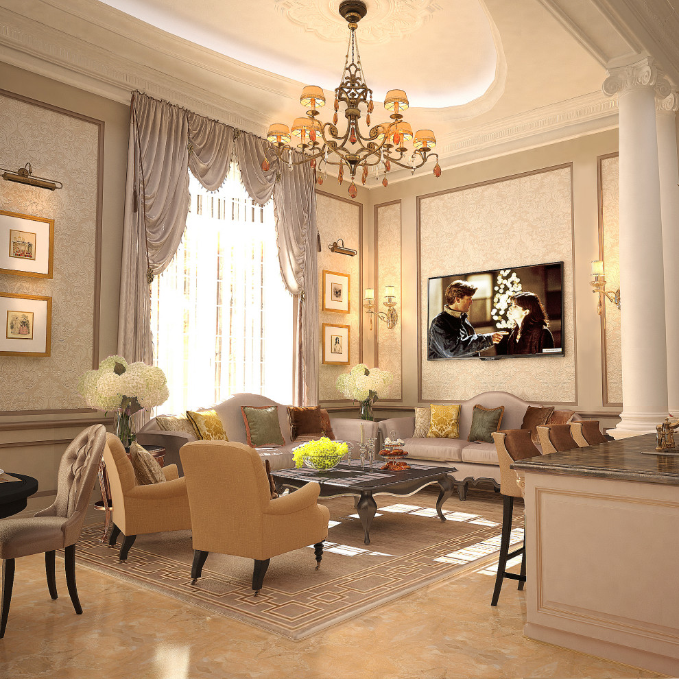 Idées déco pour un grand salon mansardé ou avec mezzanine classique avec un mur beige, un sol en marbre, un téléviseur fixé au mur, un sol jaune, un plafond à caissons et du papier peint.