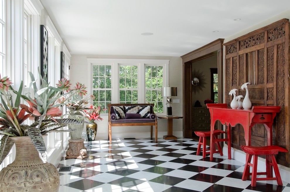 This is an example of a large transitional sunroom in Boston with linoleum floors, no fireplace, a standard ceiling and multi-coloured floor.