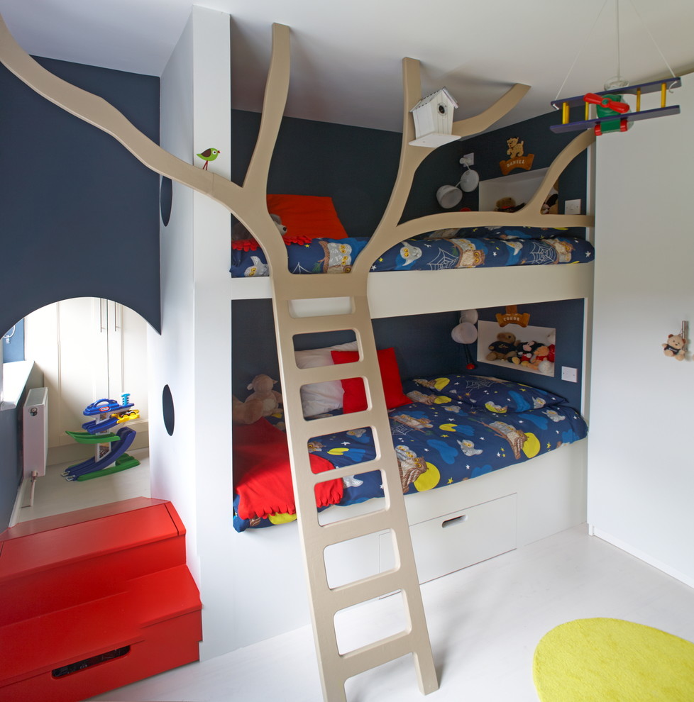Photo of a contemporary gender-neutral kids' room in Dublin with blue walls and white floor.