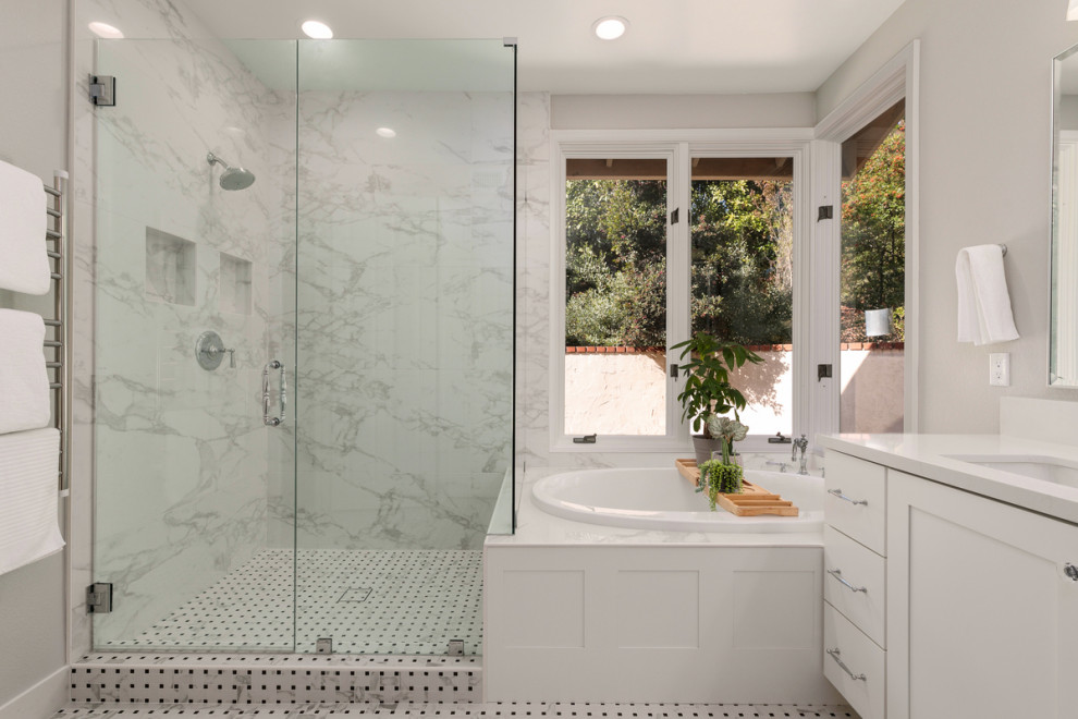 Transitional soothing bathroom