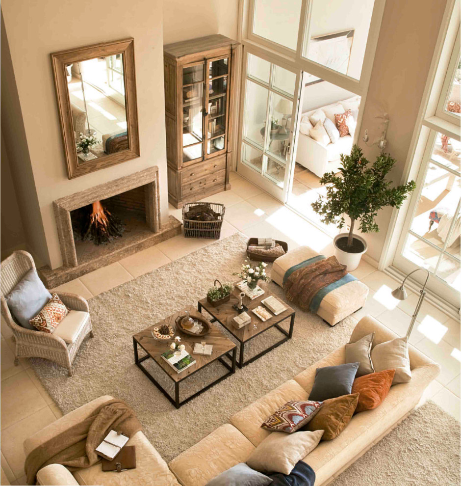 Inspiration for a farmhouse open plan living room in Other with beige walls, ceramic flooring, a standard fireplace and a stone fireplace surround.