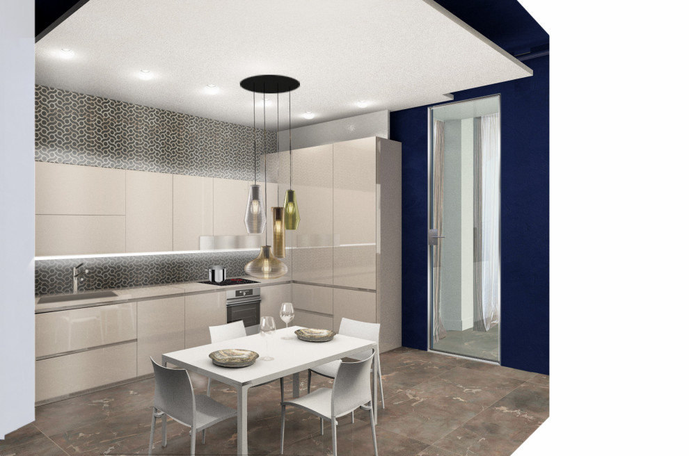 Inspiration for a medium sized modern l-shaped enclosed kitchen in Florence with a submerged sink, glass-front cabinets, beige cabinets, composite countertops, multi-coloured splashback, porcelain splashback, stainless steel appliances, porcelain flooring, no island, brown floors, beige worktops and a drop ceiling.