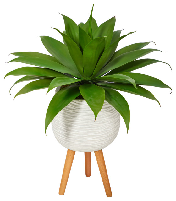 33" Agave Succulent Artificial Plant, White Planter With Stand Modern