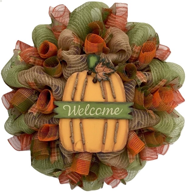 Autumn Coastal Wreath With Slotted Pumpkin Handmade Deco Mesh