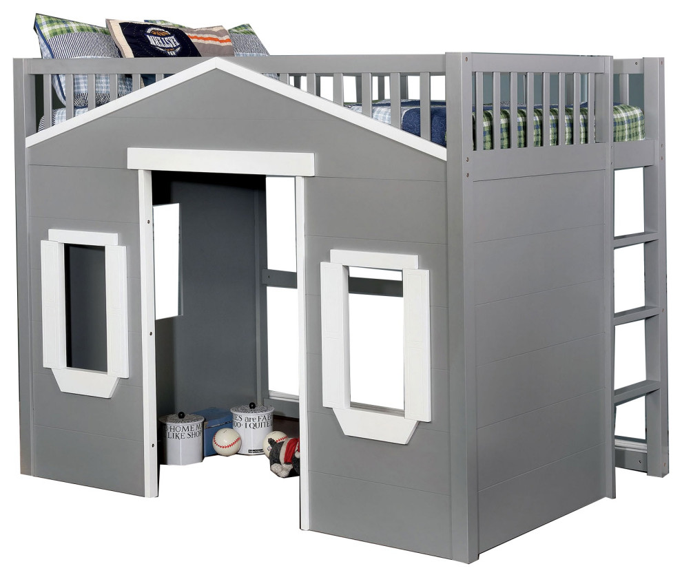 House Shaped Wooden Twin Loft Bed With Ladder, Gray And White