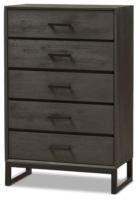 Rustic Gray Wood And Black Metal 5 Drawer Chest Industrial