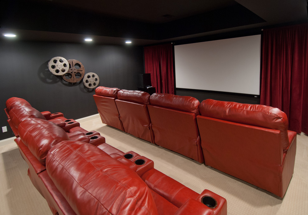Photo of a traditional home theatre in Other with black walls.