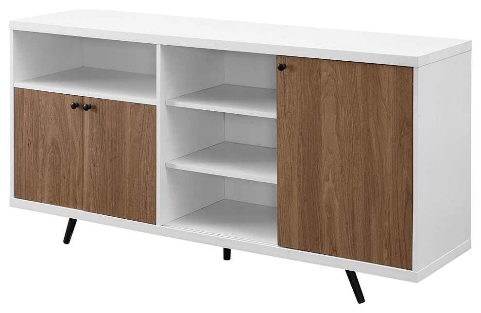 Modern Sideboard, Sliding Door and Removable Angled Shelf, English Oak/White