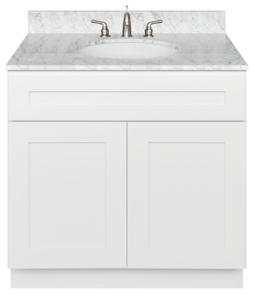 36" Bathroom Vanity, Cara White Marble Top, Faucet LB4B, Antique White
