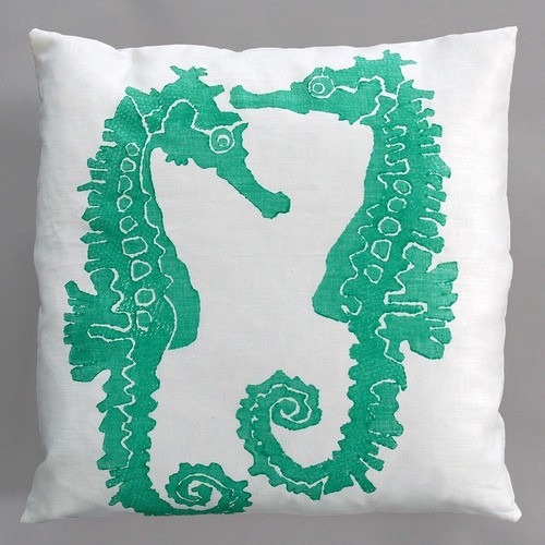 Seahorse Turquoise Pillow on White Linen