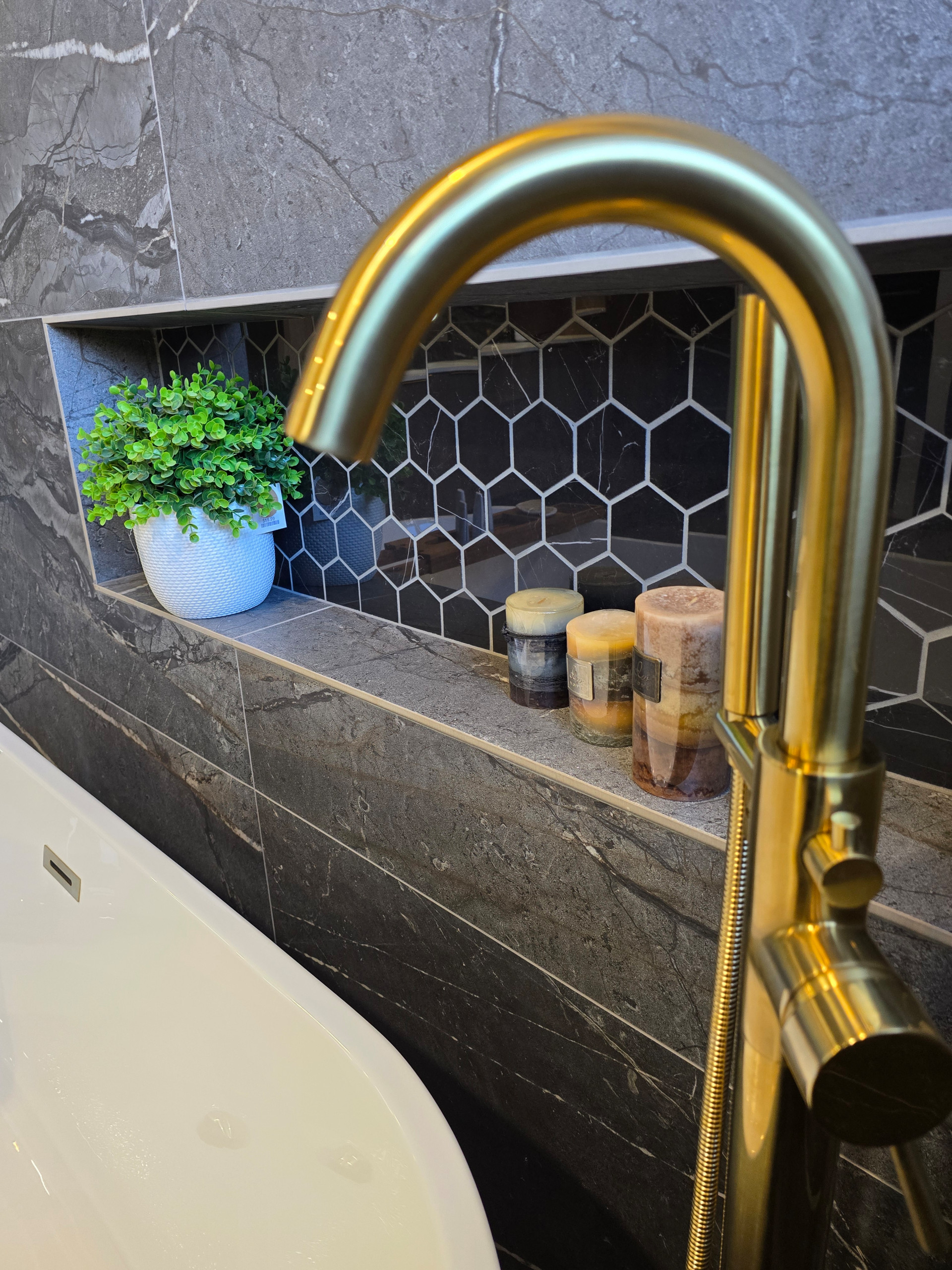 Main Bath full remodeling with custom vanity, freestanding tub & walk-in shower