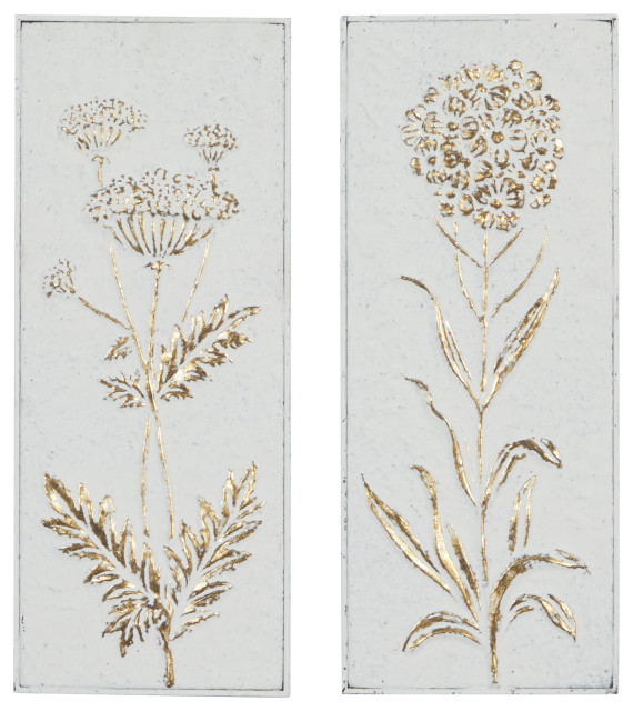 Rectangular Gold and White Floral Metal Wall Decor, 2Piece Set Contemporary Metal Wall Art