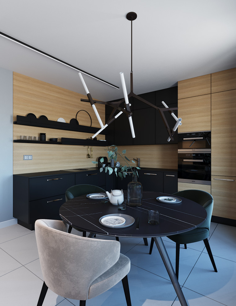 This is an example of a mid-sized contemporary l-shaped eat-in kitchen in Moscow with flat-panel cabinets, black cabinets, beige splashback, timber splashback, black appliances, no island, grey floor and black benchtop.