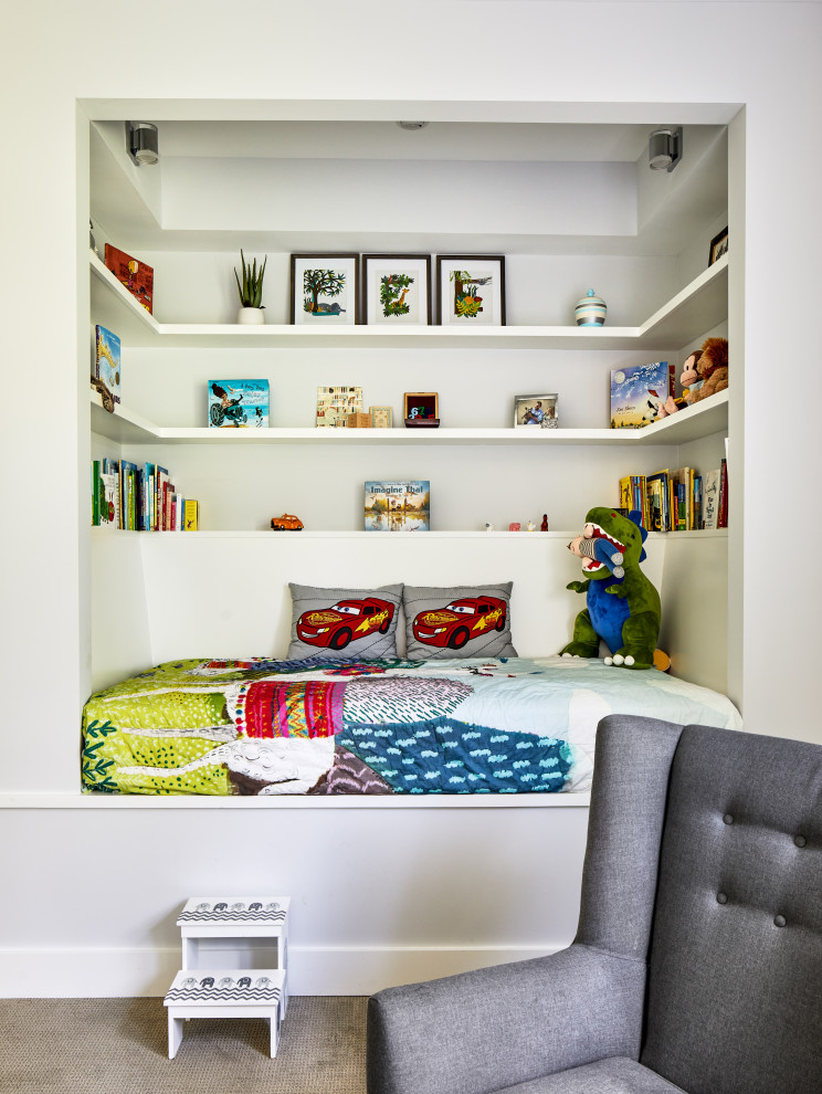 Design ideas for a mid-sized contemporary kids' room for boys in DC Metro with carpet, grey floor and white walls.