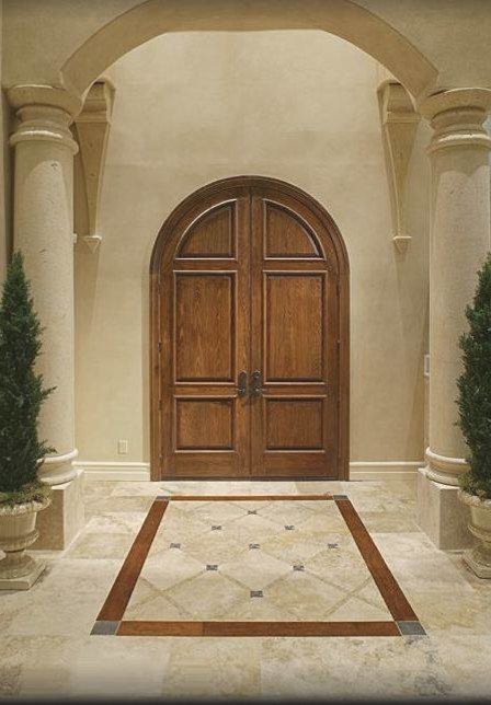 Double front door - marble floor double front door idea in Phoenix with beige walls and a dark wood front door