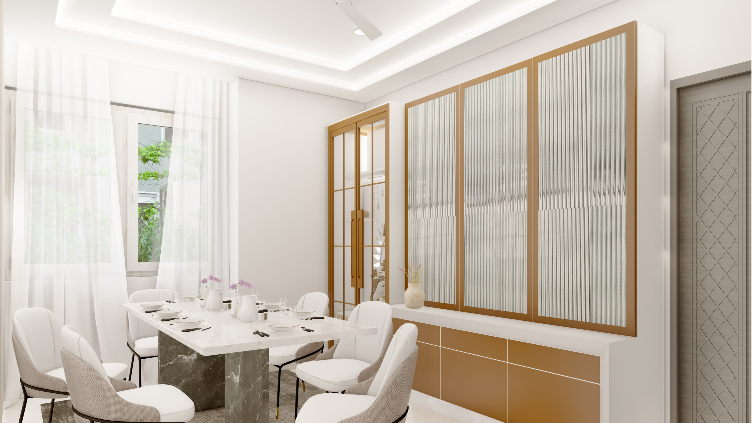 Contemporary Dining and Living Room with Chic Details in Farnham