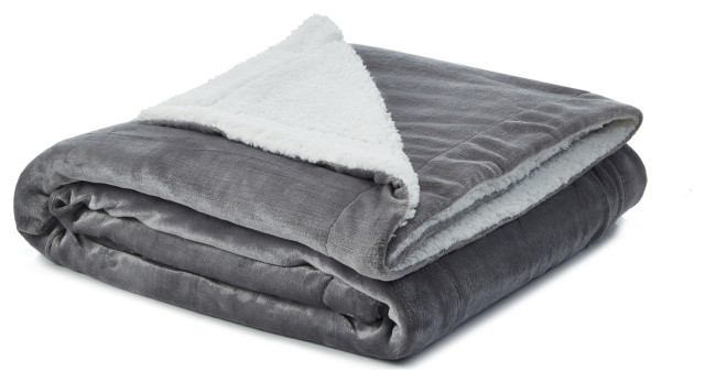 Amarey Flannel Reversible Sherpa Throw Blanket, Light Gray, 90"x90"