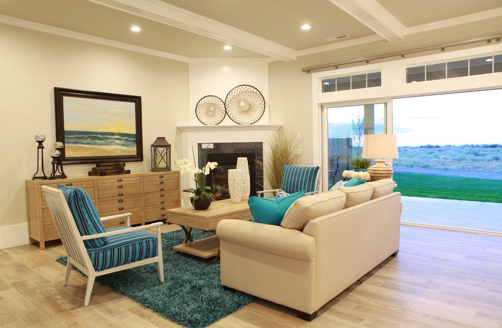 Beach style family room in Seattle.
