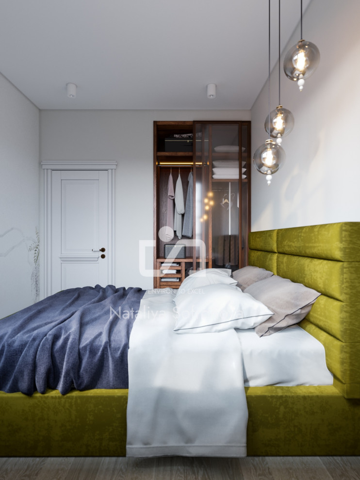 Bedroom with green bed