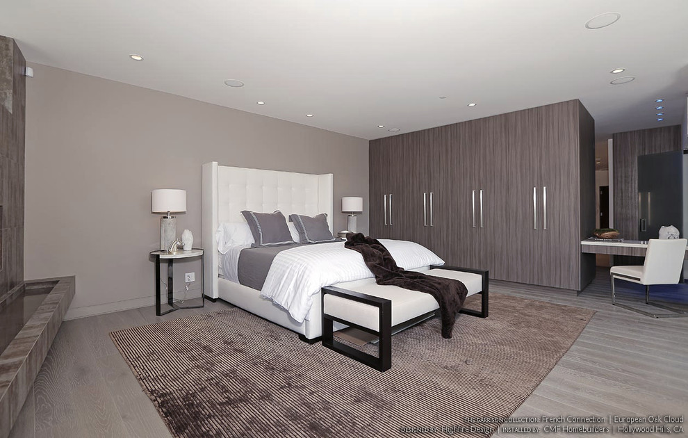 Photo of a modern bedroom in Portland.