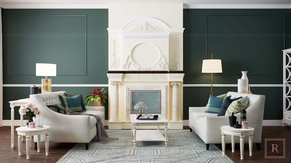 Гостиная в тёмно-зелёном и белом тонах