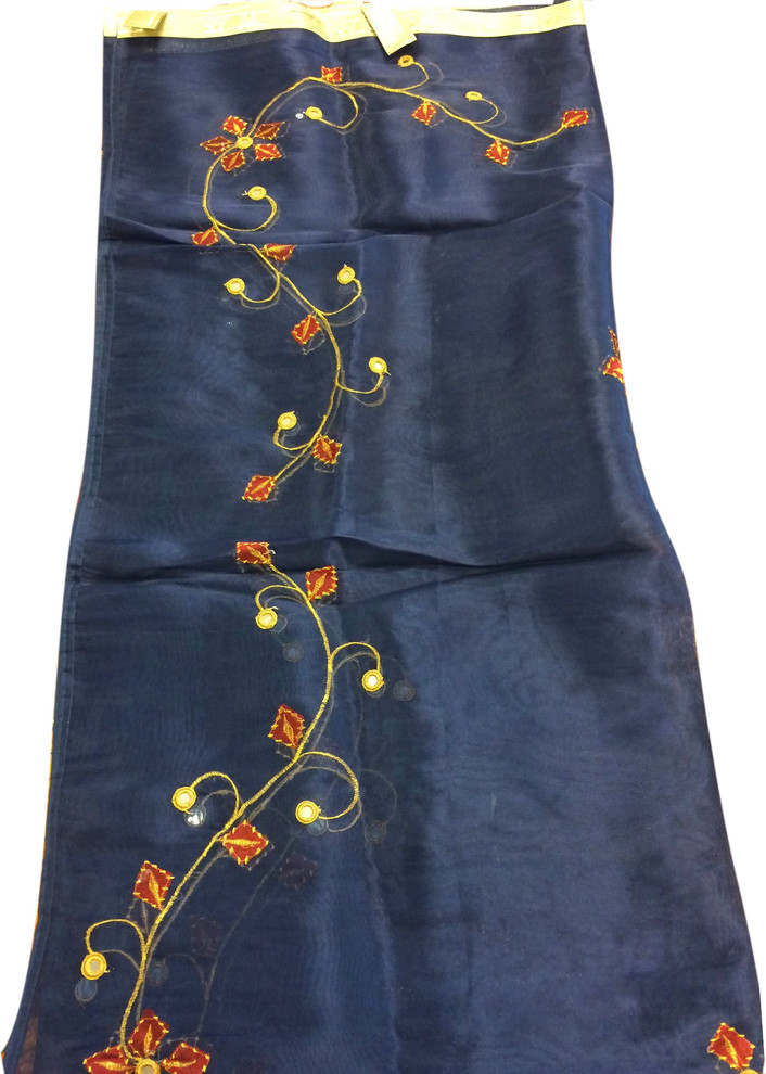 2 Indian Sari Sheer Organza Curtains Star Burst Blue Mirror Embroidered Window P