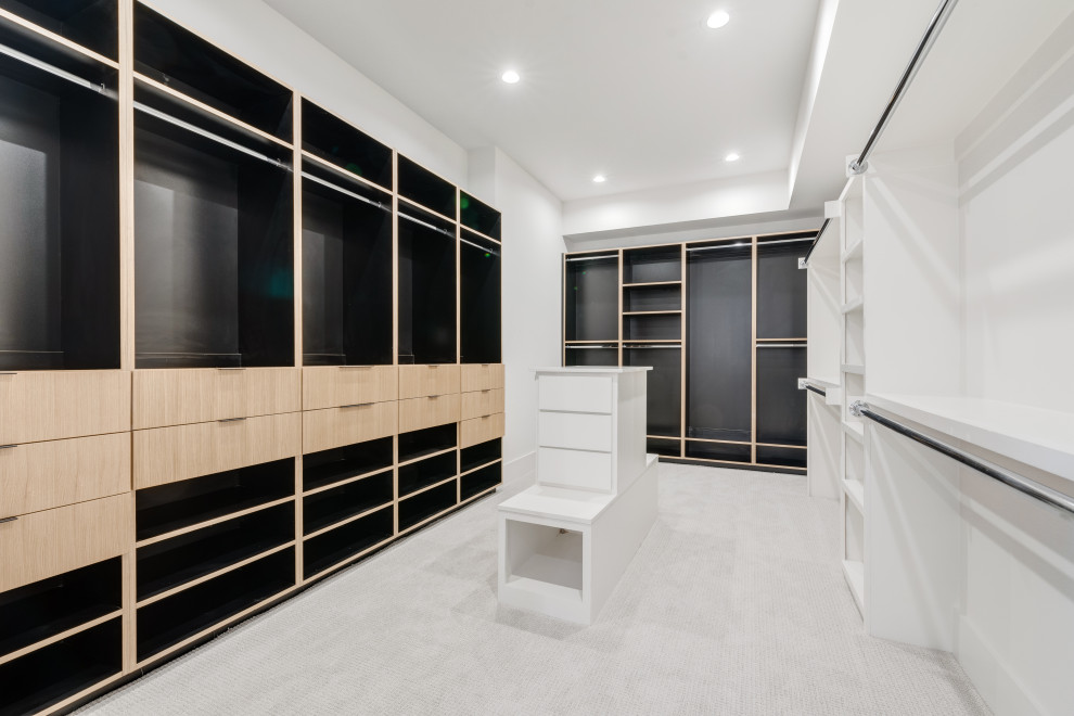 Свежая идея для дизайна: большой встроенный шкаф унисекс в стиле ретро с плоскими фасадами, черными фасадами, ковровым покрытием и серым полом - отличное фото интерьера