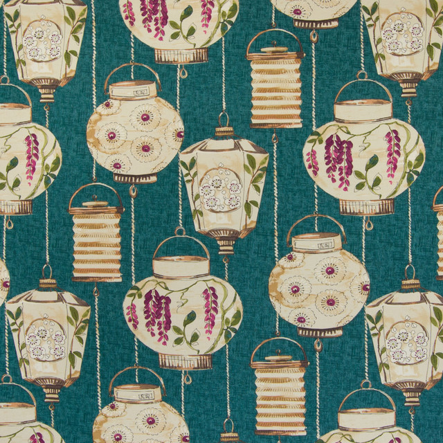 Peacock Teal Blue Asian Floral Novelty Cotton Print Woven Upholstery