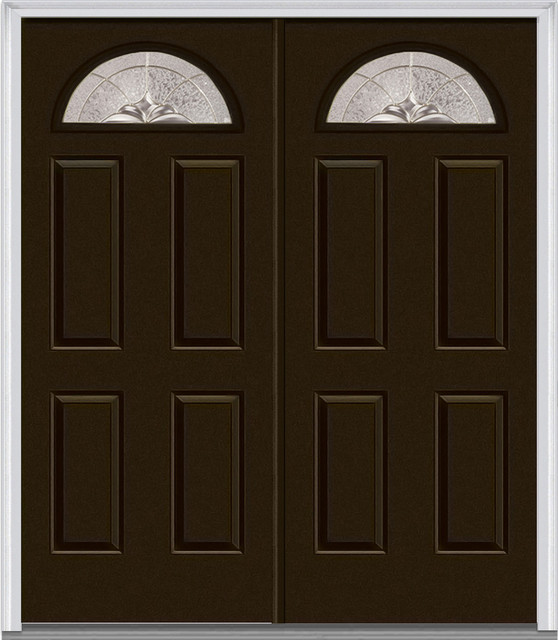 1 4 Lite 4 Panel Fiberglass Brown Double Door Traditional
