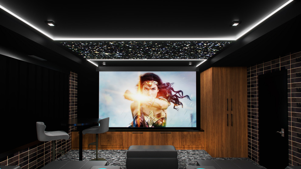 Mid-sized contemporary enclosed home theatre in Montreal with black walls, carpet, a projector screen and grey floor.
