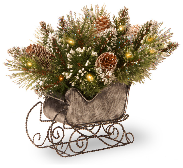 10 Glittery Bristle Pine Sleigh With 15 Warm White Led Lights 10 Glittery Bristle Pine Sleigh With 15 Warm White Led Lights