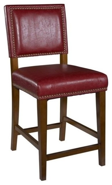Hawthorne Collections 30" Faux Leather & Wood Bar Stool in Dark Red/Walnut