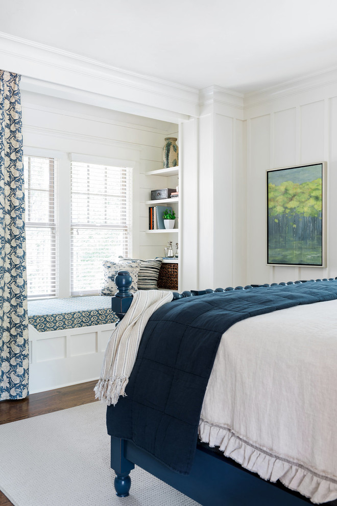 Inspiration for a mid-sized beach style master bedroom in Atlanta with white walls, dark hardwood floors, no fireplace and brown floor.