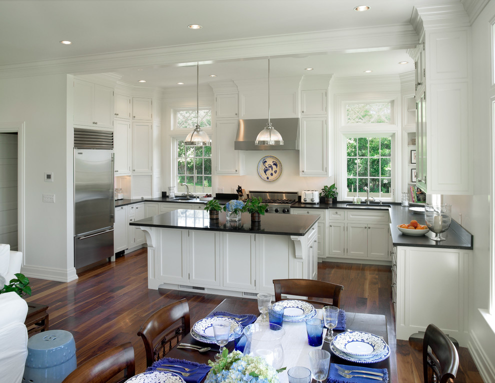 Inspiration for a traditional kitchen in Providence with dark hardwood floors and with island.
