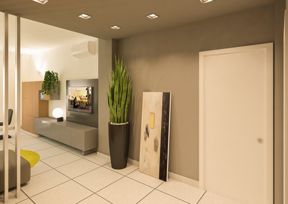 This is an example of a mid-sized modern foyer in Other with grey walls, porcelain floors, a double front door, a white front door, white floor and recessed.