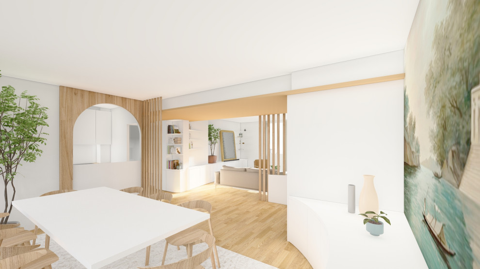 Идея дизайна: гостиная-столовая среднего размера в современном стиле с светлым паркетным полом и обоями на стенах без камина