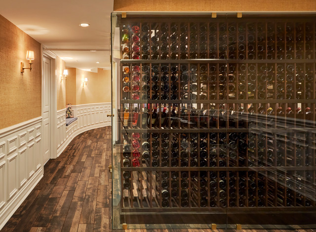 Wine Cellar with Glass Walls in Lower Level Basement nyklassisk-vinkaelder