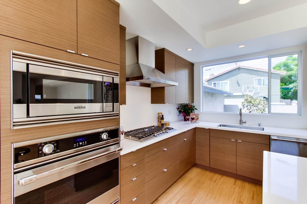 Large trendy u-shaped light wood floor eat-in kitchen photo with flat-panel cabinets, a double-bowl sink, medium tone wood cabinets, white backsplash, stainless steel appliances, white walls and an island