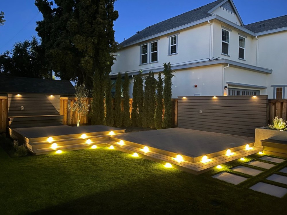 Свежая идея для дизайна: терраса на заднем дворе в стиле модернизм - отличное фото интерьера
