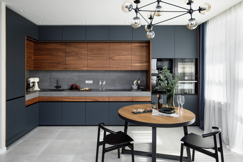 Inspiration for a large contemporary l-shaped eat-in kitchen in Moscow with a single-bowl sink, black cabinets, grey splashback, panelled appliances and no island.