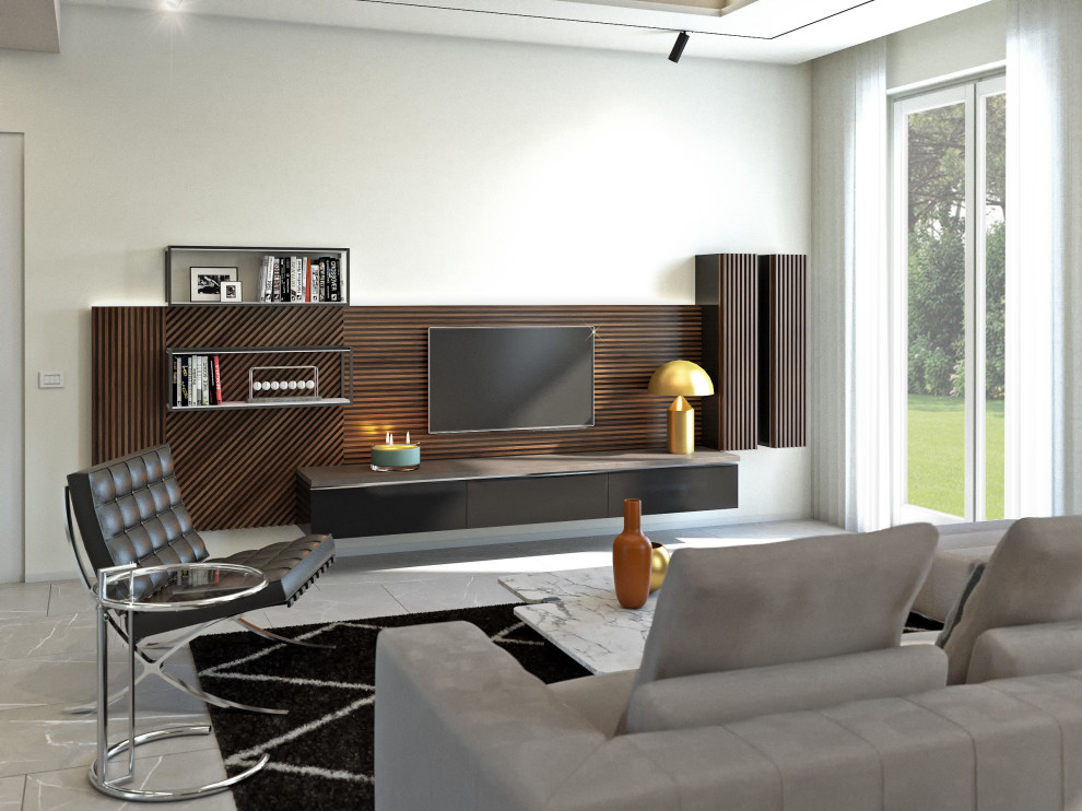Design ideas for a mid-sized modern open concept living room in Milan with a library, white walls, porcelain floors, no fireplace, a built-in media wall, grey floor, recessed and wood walls.