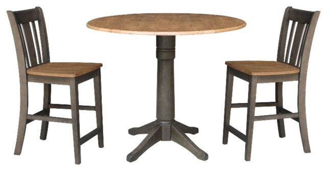 42 in Round Drop Leaf Counter Height Table with 2 Stools in Hickory/Washed Coal